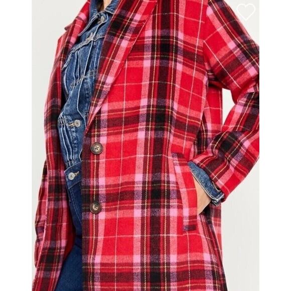 NWT Old Navy Women's Oversized Soft-Brushed Tartan Red Plaid Overcoat Sz XL - Picture 2 of 13